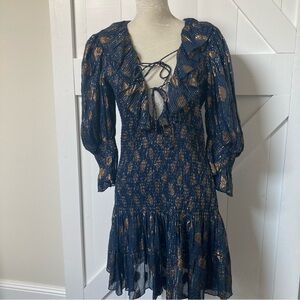 NWT Verb by Pallavi Singhee dress metallic blue puff sleeves smocked India L